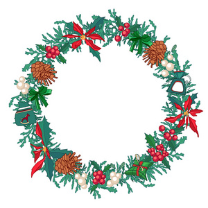 圆的圣诞花环与冷杉球果和礼品盒上白色孤立。为节日设计 公告 明信片 海报