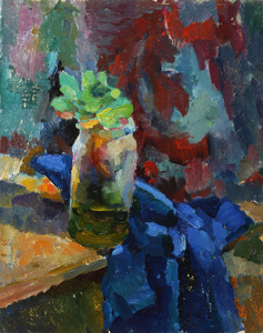 油画。静物花瓶与植物