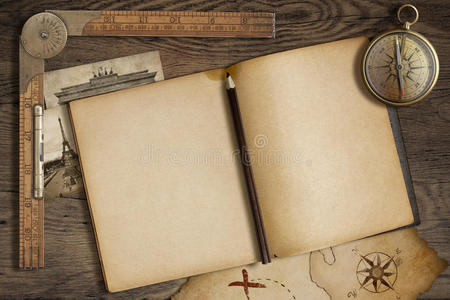 用地图铅笔和指南针打开空白日记。