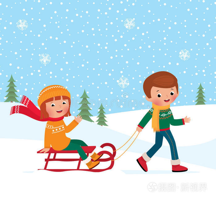 孩子坐在雪地里儿童雪橇雪橇上的小女孩可爱的男孩和鲍勃在雪山上玩得