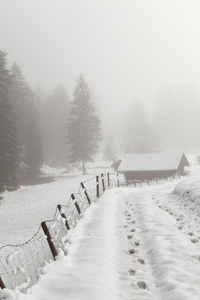 雪地里的路和木屋
