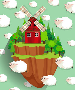 风车上的农田和羊背景