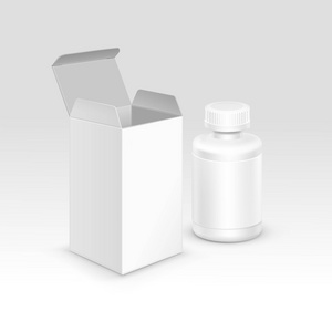 矢量空白医学医疗包装包装纸盒 塑料瓶带帽丸和孤立的背景上的标签