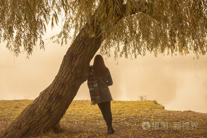 孤独的女子在一个有雾的秋日近水树下休息.孤独的女子