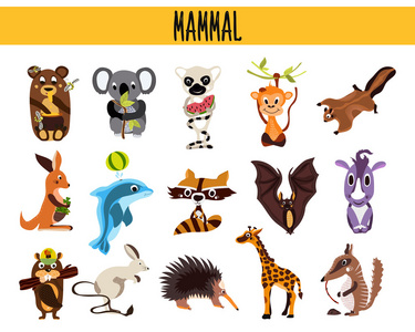 一组可爱的卡通动物哺乳动物生活在不同的地方