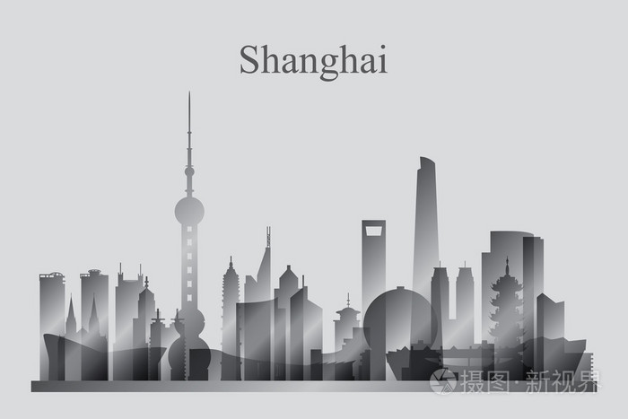 上海市的天际线轮廓在灰度