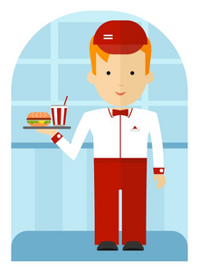 快餐员工提供一个汉堡和一杯苏打水。卡通平面矢量图
