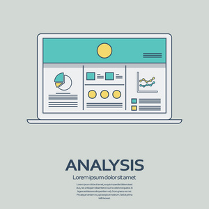 业务分析背景与笔记本电脑和线艺术图标快速响应设计。演示文稿图形，图表在屏幕上