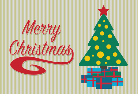 用一棵树和礼物的快乐圣诞贺卡。