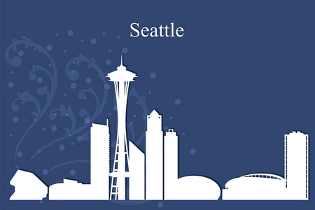 西雅图市的天际线轮廓在蓝色背景