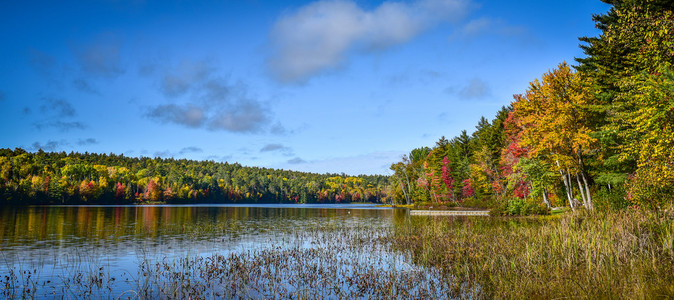 秋天的颜色在 9 月下旬里闪耀的湖面上和在森林里