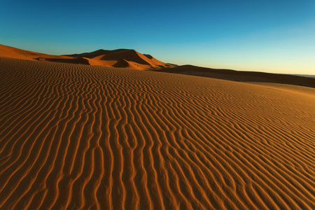 摩洛哥沙漠景观与蓝蓝的天空。沙丘背景
