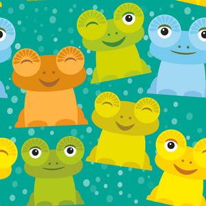 可爱的卡通滑稽青蛙设置黄色，绿色，蓝色，橙色，特奎