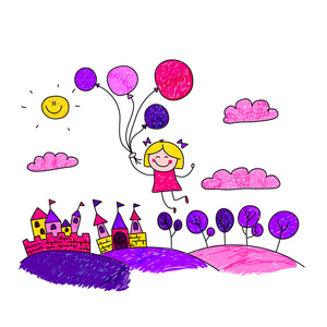 快乐的女孩与气球的矢量图