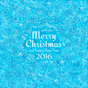 圣诞贺卡与文本祝你圣诞快乐，许多冬季涂鸦。圣诞老人，玩具 饼干 堆雪人 fir 糖果 袜子 礼品 弓 雪花 星