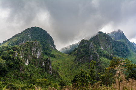 高山岭在浓雾中