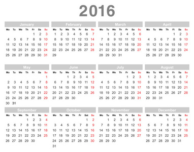 2016年度年历星期一第一英语