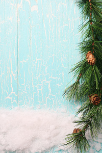 雪和云杉枝在木板上画