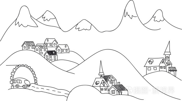 素描,阿尔卑斯山 房屋 隧道 公共汽车和雪山,黑色和白色,透明的