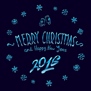 蓝色发光圣诞快乐，快乐新的一年 2016 刻字集合。矢量图