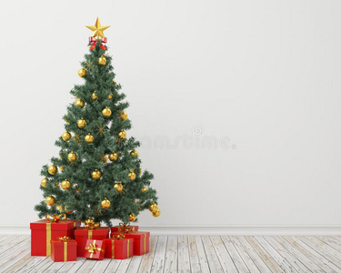 古董房里的圣诞树和礼物，背景