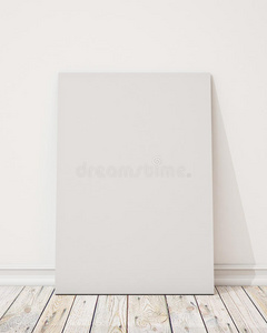 白色墙壁和木地板上的实体模型空白海报，背景