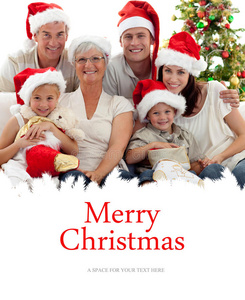孩子们和家人抱着圣诞靴坐在一起的合成图像