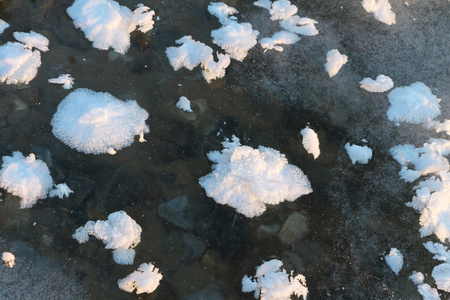 冰冻河流冰上的雪异常生长