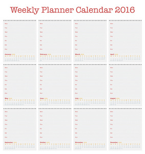 2016 年的日历。每周计划者为 2016 年的
