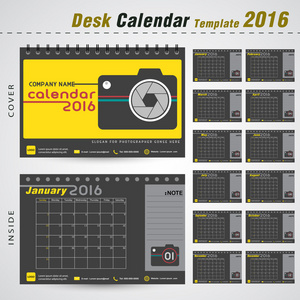 桌子上日历 2016年矢量设计模板与相机标志为新的一年，摄影师，摄影，可以用于新的一年，公司 办公 商务 度假计划或规划师