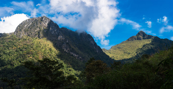 高山岭在浓雾中