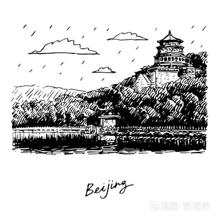 颐和园的风光,北京,中国.矢量手绘铅笔素描