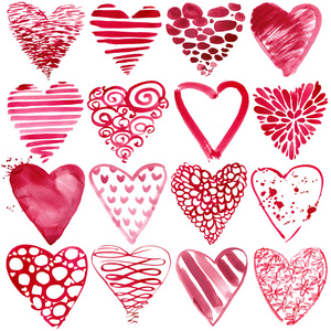 情人节那天水彩红色的心形。红色的心套。一天张情人节贺卡。情人节的心。水彩背景。水彩纹理绘制的心。质感的情人节心