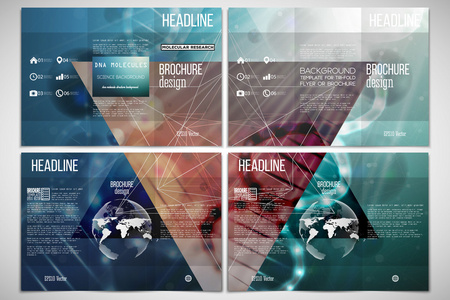向量集的两侧与世界地球元素三栏式小册子设计模板。Dna 分子的结构，绿色背景