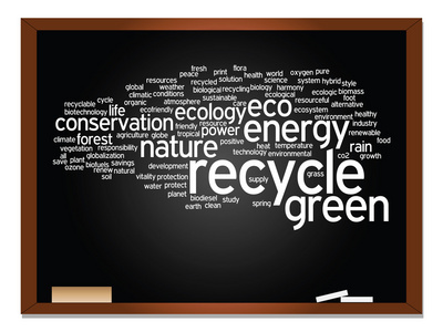概念或概念抽象的绿色生态 节约词云文本 黑板和粉笔背景