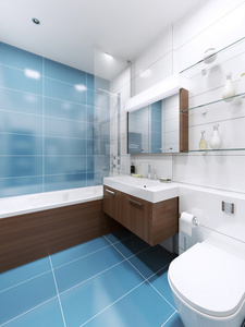 在私人住宅的蓝色浴室内
