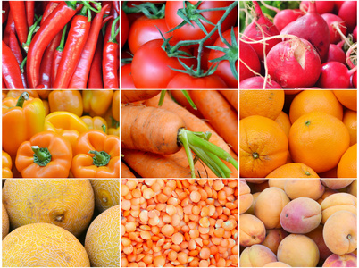 健康有机的红色和橙色水果和蔬菜的拼贴画