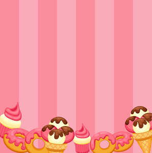 香草冰淇淋 草莓蛋糕和甜甜圈与粉红釉的背景。矢量图 eps 10 为您的设计