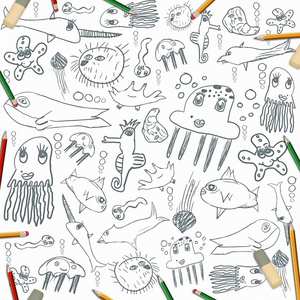 海洋动物，儿童用彩色铅笔绘图无缝背景