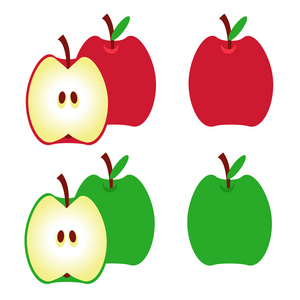 苹果。绿色的红苹果，苹果，一半的苹果与叶。矢量