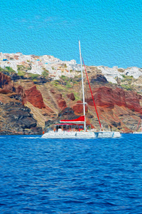 欧洲有一艘船从希腊圣托里尼岛房子和岩石