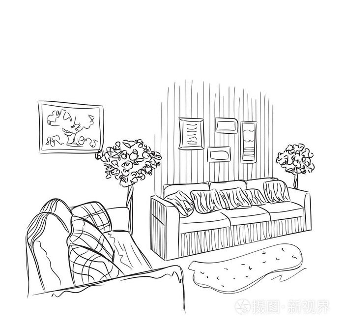 现代室内空间素描.手绘家具插画-正版商用图片1lensx-摄图新视界