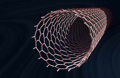 直碳纳米管，红色的原子，金属债券，深蓝色背景