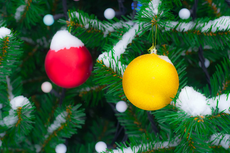 雪中的 fir 分支的黄色和红色圣诞球。圣诞节