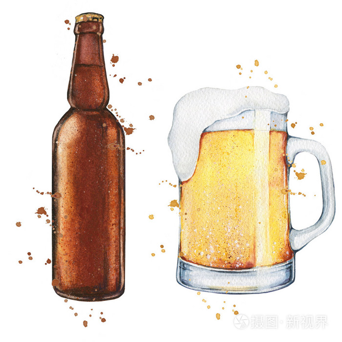 水彩玻璃啤酒和一瓶啤酒食品说明