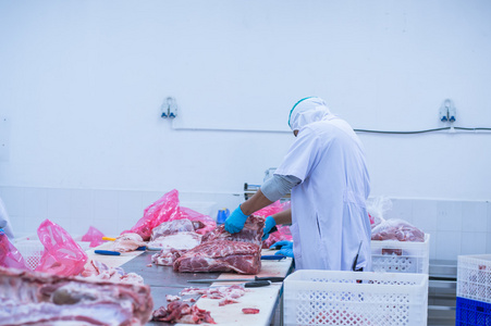 切割肉类屠宰工人在工厂里
