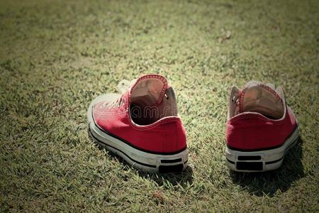 草地上的红色鞋子运动鞋。