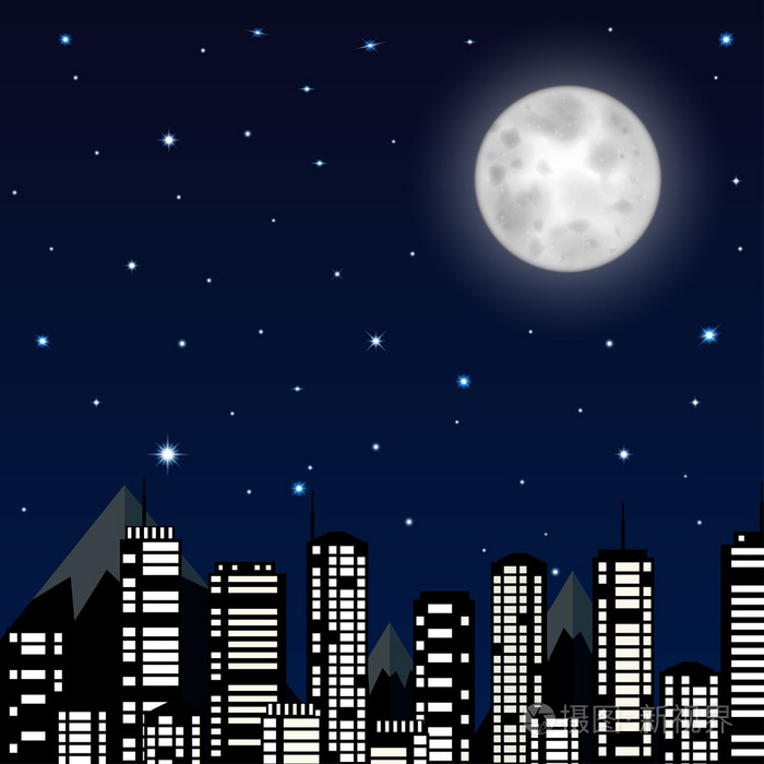 夜晚的天空,月亮, 星星与城市剪影