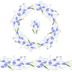 花形圆形花环和由蓝色鳄鱼制成的无尽图案画笔