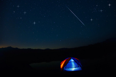 野营帐篷在夜晚的星空下